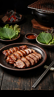 JPG 편집이미지 그릇 채소 탁자 육류 요리 식사 소스 맛 준비 오리고기 숯불 오리구이 편집실사 AI포토 AI콘텐츠 식기 가구 컨셉 식재료 오리 양념 구이 CG 파일형식 음식 생활용품 조류 동물 오브젝트