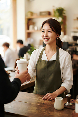 JPG 편집이미지 여자 커피 음료 탁자 웃음 카페 작업 고객 서비스 바리스타 의료성형뷰티 편집실사 직업 가구 표정 사람 상점 CG 파일형식 생활용품 오브젝트