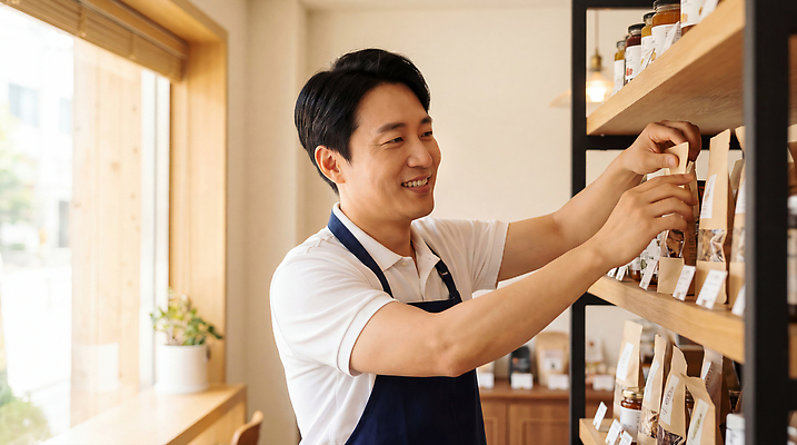 JPG 편집이미지 남자 선반 한명 미소 상점 앞치마 작업 상품 상업 창업 정리 패키지 꾸미기 의료성형뷰티 재고 편집실사 1 가구 표정 사람 CG 자영업 파일형식 생활용품 비즈니스 오브젝트
