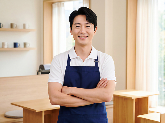 JPG 편집이미지 남자 탁자 한명 웃음 내부 팔짱 앞치마 카페 창업 바리스타 의료성형뷰티 편집실사 직업 1 가구 모션 표정 사람 상점 CG 자영업 파일형식 생활용품 비즈니스 오브젝트