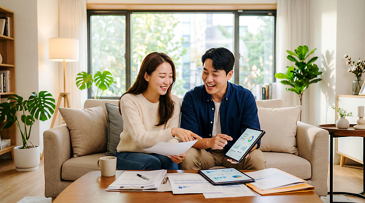 JPG 식물 편집이미지 부부 커피 거실 탁자 남편 대화 웃음 사람 금융 태블릿 아내 재테크 상담 문서 의료성형뷰티 편집실사 커플 음료 가구 표정 말하기 경제 전자제품 스마트기기 CG 파일형식 생활용품 관계 모션 오브젝트