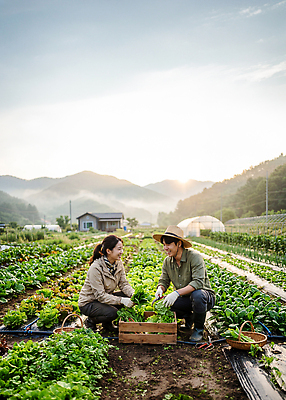 JPG 편집이미지 밭 채소 자연 아침 산 주택 사람 청년 햇빛 농장 농사 수확 작업 풀 나무상자 원예 귀농 의료성형뷰티 편집실사 AI인물포토 AI콘텐츠 주간 농업 성인 취미 건물 빛 상자 CG 생태계 파일형식 AI포토 자연요소 건축물 산업 건축
