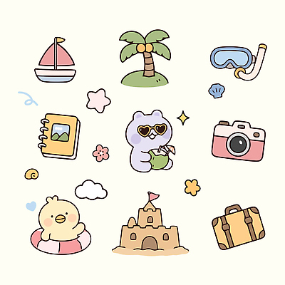 여행 일러스트 곰 병아리 해변 여름 카메라 여행가방 배 스노클링 일기 모래성 튜브 엘리먼트 국내일러스트 AI파일 동물 계절 모래 바다 가방 포유류 조류 전자제품 수상스포츠 파일형식 벡터 잡화 스포츠
