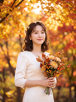 JPG 나무 식물 편집이미지 여자 꽃 꽃다발 웨딩드레스 포즈 단풍 잎 자연 웃음 풍경 가을 숲 의료성형뷰티 스몰웨딩 편집실사 드레스 계절 결혼 표정 사람 CG 생태계 파일형식 옷 이벤트