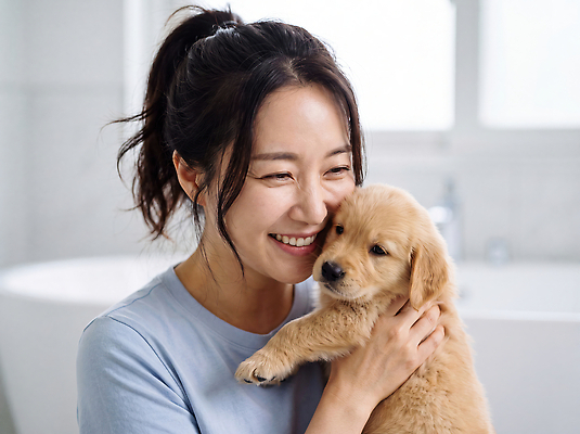 JPG 편집이미지 여자 행복 포옹 실내 표정 사랑 웃음 생활 반려동물 귀여움 목욕 기쁨 강아지 의료성형뷰티 씻겨주기 편집실사 AI인물포토 AI콘텐츠 동물 감정 컨셉 안기 모션 사람 내부 청결 개 CG 파일형식 AI포토 포유류 위생