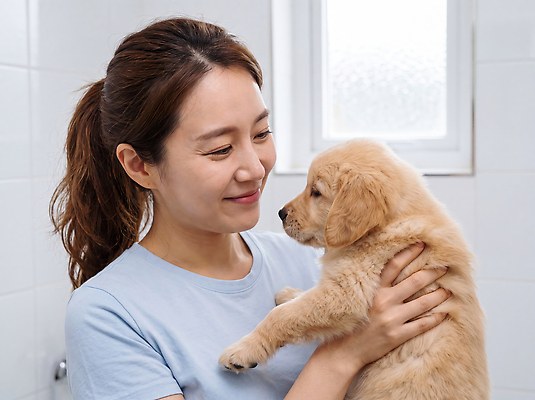 JPG 동물 편집이미지 여자 행복 표정 사랑 사람 반려동물 목욕 욕실 황금 리트리버 강아지 의료성형뷰티 씻겨주기 편집실사 AI인물포토 AI콘텐츠 감정 모션 청결 개 CG 파일형식 AI포토 포유류 위생