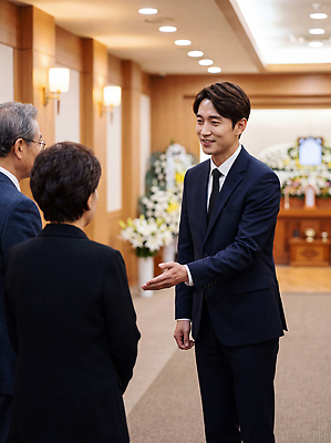 JPG 편집이미지 남자 가족 대화 친구 만남 슬픔 인사 추억 애도 조화 고인 장례식 조문 의료성형뷰티 장의사 장례식장 편집실사 AI인물포토 AI콘텐츠 직업 감정 컨셉 관계 말하기 사람 예절 CG 파일형식 AI포토 모션