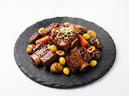 JPG 편집이미지 전통 접시 한식 채소 식탁 요리 고명 소스 맛 간장 파 갈비찜 소갈비 편집실사 식기 음식 컨셉 탁자 소고기 양념 CG 찜 갈비 파일형식 가구 육류 생활용품 식재료 오브젝트