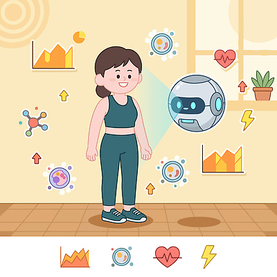 일러스트 아침 그래프 기술 건강 대화 사람 생활 친구 운동복 운동 헬스 자료 방 발전 스마트 로봇 체육 분석 국내일러스트 AI파일 주간 옷 컨셉 관계 말하기 파일형식 벡터 자연요소 모션