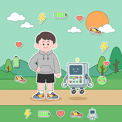 캐릭터 길 신발 일러스트 산 웃음 친구 태양 산책 번개 건전지 스마트 로봇 평면 국내일러스트 AI파일 자연요소 컨셉 관계 날씨 휴식 표정 파일형식 벡터