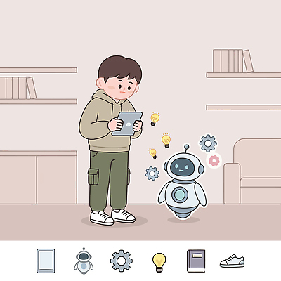 캐릭터 교육 남자 일러스트 아이디어 기술 전자제품 빛 학습 태블릿 기계 방 스마트 로봇 오브젝트 상호작용 국내일러스트 AI파일 컨셉 사람 스마트기기 파일형식 벡터