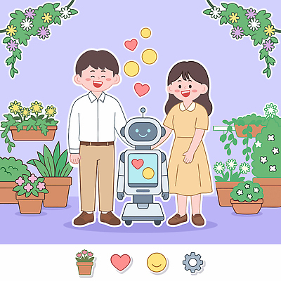 식물 꽃 행복 일러스트 따뜻함 사랑 웃음 사람 친구 정원 만남 스마트 로봇 즐거움 오브젝트 원예 신기술 국내일러스트 AI파일 감정 컨셉 관계 기술 표정 취미 파일형식 벡터