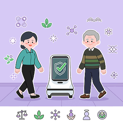 식물 디자인 여자 노년 일러스트 기술 건강 사람 일상 생활 걷기 연결 스마트 로봇 원자 상호작용 국내일러스트 AI파일 컨셉 모션 성인 라이프 파일형식 벡터