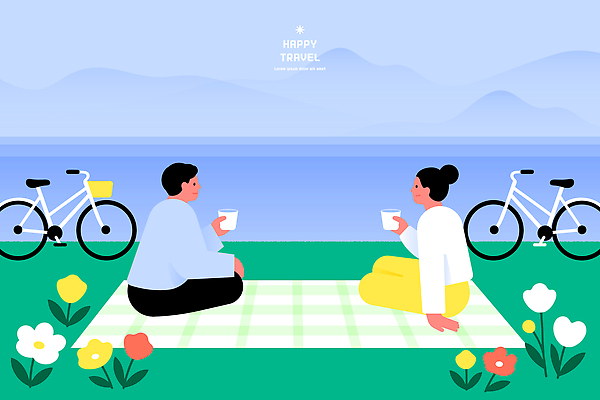 커플 여자 남자 꽃 여유 일러스트 자연 휴식 이야기 풍경 친구 소풍 자전거 모임 만남 돗자리 그림 소통 국내일러스트 AI파일 식물 감정 컨셉 관계 사람 야외활동 바이크 생태계 파일형식 벡터 육상교통 교통수단 교통