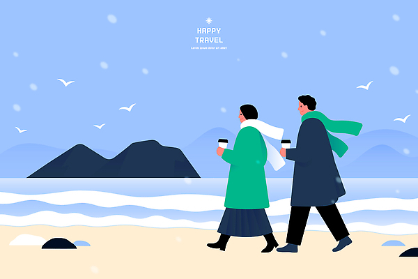 커플 커피 여행 겨울 일러스트 자연 하늘 산 사람 풍경 해변 걷기 목도리 산책 눈 즐거움 동행 국내일러스트 AI파일 잡화 계절 감정 음료 바다 관계 모션 휴식 생태계 파일형식 벡터 컨셉