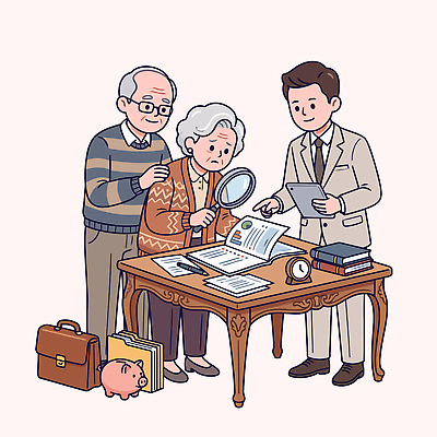 노년 남자 시계 일러스트 표정 대화 금융 사무실 정보 도움 계획 상담 문서 확대경 노후대책 자산관리 조언 대면 국내일러스트 AI파일 컨셉 비즈니스 말하기 사람 성인 경제 노후 파일형식 벡터 모션