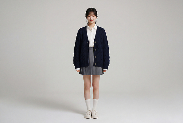 JPG 편집이미지 여학생 여자 패션 교복 운동화 청소년 고등학생 스튜디오 서기 치마 카디건 니트 블라우스 의료성형뷰티 스타일 편집실사 학생 옷 신발 상의 모션 하의 사람 외투 CG 파일형식