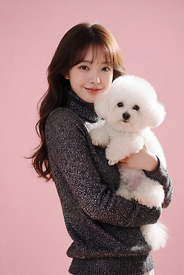 JPG 편집이미지 여자 반려견 분홍색 포즈 안기 사랑 미소 귀여움 강아지 의료성형뷰티 비숑프리제 편집실사 감정 컬러 컨셉 모션 표정 사람 반려동물 개 CG 파일형식 동물 포유류