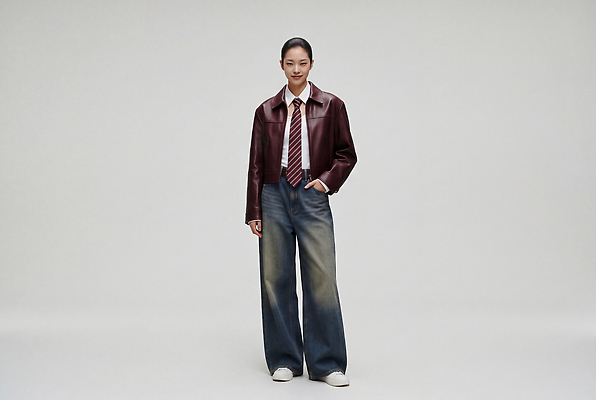 JPG 모델 편집이미지 옷 여자 패션 포즈 스튜디오 미소 촬영 주머니 모던 가죽자켓 비율 의료성형뷰티 스타일 버건디 편집실사 표정 사람 빨간색 재킷 CG 파일형식 컬러 외투 상의