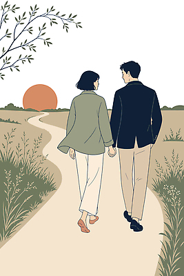 나무 커플 행복 길 일러스트 관계 자연 대화 사랑 풍경 초원 두명 걷기 손잡기 일몰 풀 저녁 국내일러스트 AI파일 식물 감정 모션 말하기 사람 노을 밤 야간 생태계 파일형식 벡터 자연요소