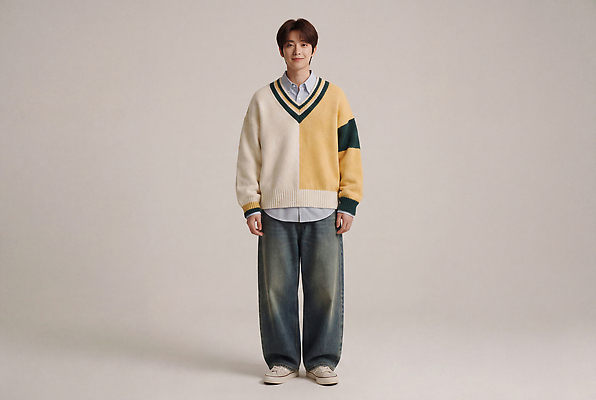 JPG 모델 편집이미지 옷 남자 패턴 바지 스튜디오 조명 촬영 편안함 스웨터 의료성형뷰티 스타일 편집실사 상의 무늬 하의 사람 감각 CG 파일형식