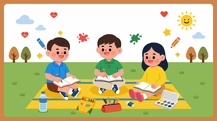나무 어린이 일러스트 자연 놀이 하늘 색연필 잔디 야외 책 친구 햇빛 환경 물감 그림 사생대회 국내일러스트 AI파일 식물 관계 학용품 사람 빛 미술도구 생태계 대회 파일형식 벡터 문구용품 오브젝트