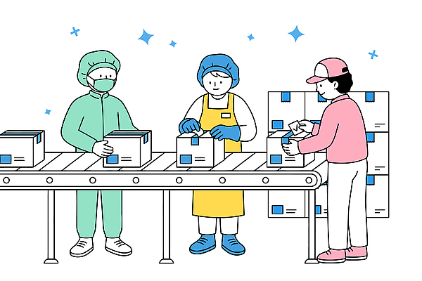 옷 산업 안전 기계 장비 작업 파일형식 벡터 오브젝트 포장 직원 창고 컨베어밸트 상자 작업복 안전장비 협력 업무 정리 운송업 물류 제조 주문 일러스트 국내일러스트 AI파일