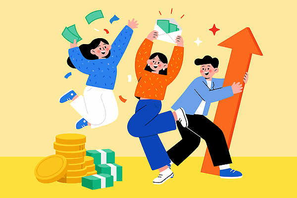 기념일 행복 돈 일러스트 상상 성공 협력 여러명 동전 기쁨 성장 축하 목표 주식 가격 투자 수익 상금 재정 국내일러스트 AI파일 감정 다수 컨셉 비즈니스 사람 이벤트 금융 경제 재산 파일형식 벡터