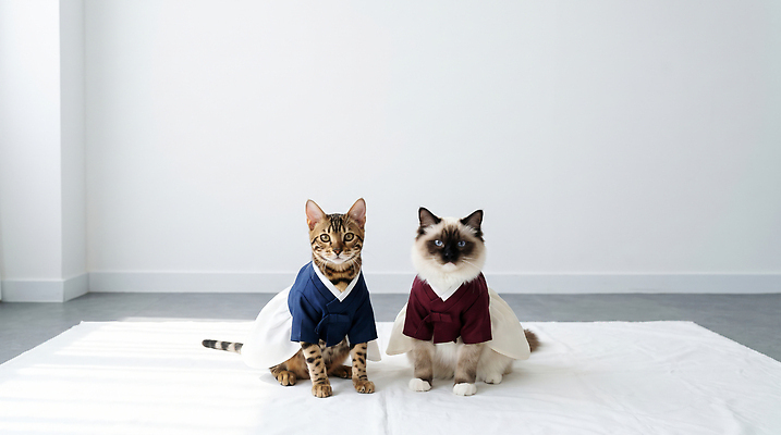 JPG 편집이미지 패션 백그라운드 앉기 고양이 한복 편집실사 한국전통 포유류 모션 반려동물 전통의상 CG 파일형식 동물 전통 한국 아시아 나라