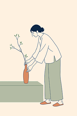라이프스타일 여자 일러스트 자연 선물 일상 장식 초록색 인테리어 꽃병 오브젝트 미니멀 국내일러스트 AI파일 디자인 꽃 컬러 사람 라이프 생활 생태계 파일형식 벡터 식물
