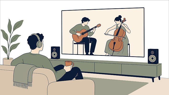 문화 음악 연주 일러스트 사람 소파 헤드폰 텔레비전 스피커 콘서트 공연 기타 즐거움 첼로 국내일러스트 AI파일 시청하다 감정 음향기기 의자 모션 현악기 문화예술 이벤트 전자제품 파일형식 벡터 찰현악기 악기 가구 현울림악기 생활용품 오브젝트