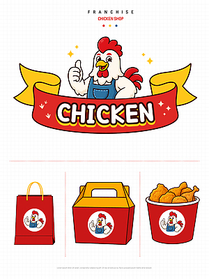 디자인 음식 일러스트 포장 요리 상점 치킨 닭 심볼 테이크아웃 프랜차이즈 스타일 국내일러스트 AI파일 조류 닭고기요리 파일형식 벡터 동물
