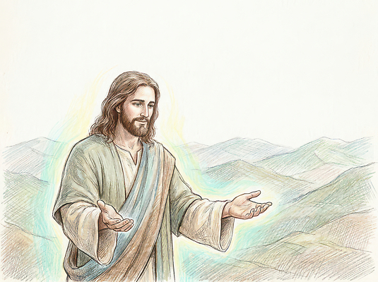 JPG 종교 일러스트 자연 하늘 산 사람 평화 믿음 희망 기도 예수 그림 국내일러스트 AI일러스트 AI콘텐츠 감정 컨셉 신 생태계 파일형식