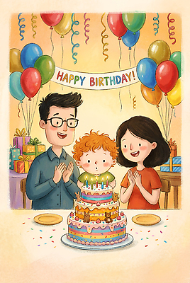 JPG 기념일 행복 어린이 일러스트 촛불 가족 표정 선물 웃음 장식 파티 케이크 모임 기도 축하 생일 즐거움 초대장 풍선 목소리 국내일러스트 AI일러스트 AI콘텐츠 감정 컨셉 초 관계 디저트 카드_감사 사람 이벤트 파일형식 음식