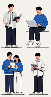 일러스트 청소년 기술 대화 사람 일상 책 친구 노트북 학습 컴퓨터 태블릿 독서 공간 모임 정보 그룹 공유 소통 국내일러스트 AI파일 교육 컨셉 관계 말하기 라이프 전자제품 스마트기기 파일형식 벡터 모션 생활