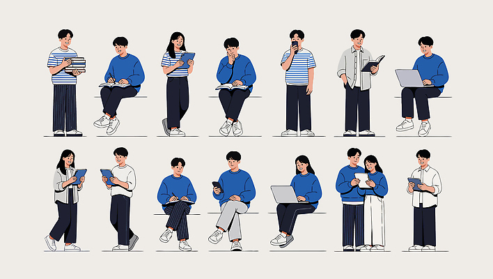 포즈 일러스트 커뮤니케이션 대화 앉기 여러명 친구 스마트폰 태블릿 스크린 다양 과학기술 정보 관찰 집중 읽기 소통 국내일러스트 AI파일 다수 컨셉 관계 모션 기술 말하기 사람 전자제품 핸드폰 스마트기기 파일형식 벡터