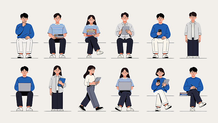 일러스트 학교 기술 실험 대화 책 노트북 스마트폰 학습 사무실 디지털 자료 정보 작업 쓰는 집중 읽기 보고서 온라인 국내일러스트 AI파일 교육 컨셉 비즈니스 모션 말하기 전자제품 핸드폰 스마트기기 파일형식 벡터