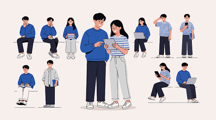 여자 패션 남자 일러스트 기술 대화 서기 앉기 친구 노트북 전자제품 스마트폰 컴퓨터 태블릿 줄무늬 소통 국내일러스트 AI파일 컨셉 무늬 관계 모션 말하기 사람 핸드폰 스마트기기 파일형식 벡터