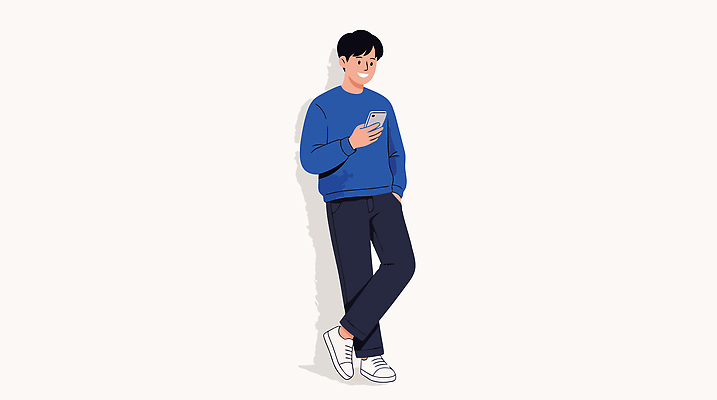 응시 남자 벽 일러스트 통신 기술 서기 일상 캐주얼 친구 스마트폰 기댐 메시지 스웨터 즐거움 소셜미디어 국내일러스트 AI파일 시선 옷 감정 상의 관계 모션 사람 라이프 핸드폰 스마트기기 파일형식 벡터 생활 전자제품