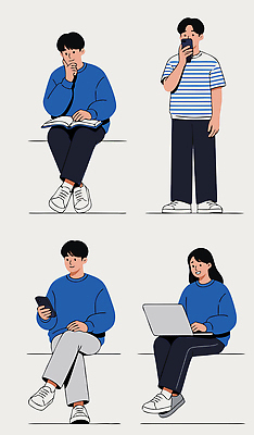 옷 교육 일러스트 기술 경고 사람 앉기 책 캐주얼 파란색 노트북 스마트폰 독서 작업 집중 이미지 통화 소통 국내일러스트 AI파일 컬러 컨셉 모션 전자제품 핸드폰 스마트기기 파일형식 벡터
