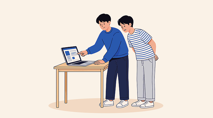 남자 일러스트 기술 실험 이야기 대화 사람 친구 노트북 학습 스크린 정보 작업 집중 책상 온라인 의견 소통 국내일러스트 AI파일 교육 가구 컨셉 관계 말하기 전자제품 파일형식 벡터 생활용품 모션 오브젝트