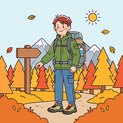 나무 남자 길 여행 낙엽 일러스트 배낭 자연 산 풍경 태양 등산 탐험 가을 표지판 숲 산행 국내일러스트 AI파일 자연요소 식물 계절 잎 가방 알림판 사람 트래킹 생태계 파일형식 벡터 잡화 레저