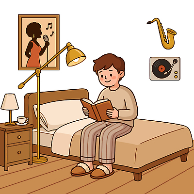 남자 포스터 악기 음악 일러스트 휴식 조명 따뜻함 취미 책 독서 가을 침대 편안함 색소폰 읽기 오브젝트 국내일러스트 AI파일 계절 가구 컨셉 모션 문화예술 사람 감각 목관악기 파일형식 벡터 생활용품 관악기