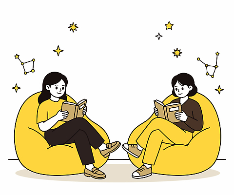 캐릭터 별 문화 일러스트 사람 취미 책 친구 독서 노란색 별자리 모임 읽기 독서모임 국내일러스트 AI파일 자연요소 컬러 관계 모션 파일형식 벡터