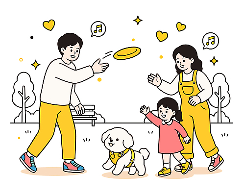 공원 행복 반려견 어린이 일러스트 가족 놀이 엄마 웃음 반려동물 운동 산책 아빠 개 즐거움 프리스비 국내일러스트 AI파일 동물 공공시설 감정 포유류 관계 휴식 표정 건강 사람 원반던지기 파일형식 벡터 컨셉 시설