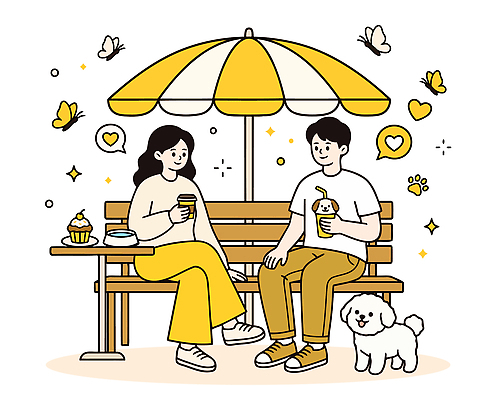 반려견 커피 음료 나비 벤치 일러스트 디저트 대화 사람 취미 일상 친구 카페 만남 강아지 편안함 즐거움 국내일러스트 AI파일 감정 음식 곤충 컨셉 의자 관계 말하기 라이프 반려동물 상점 감각 개 파일형식 벡터 동물 가구 포유류 모션 생활 생활용품 오브젝트