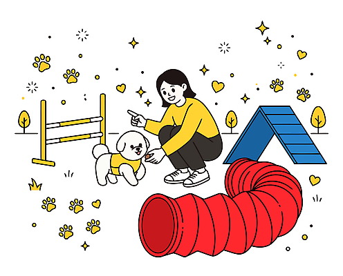 나무 공원 꽃 반려견 일러스트 놀이 디저트 사랑 사람 반려동물 강아지 장애물 연습 즐거움 전달 튜브 국내일러스트 AI파일 식물 동물 공공시설 감정 음식 개 파일형식 벡터 포유류 시설