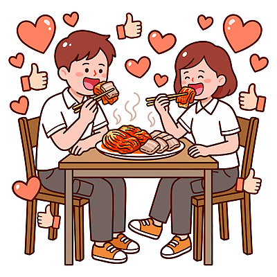 커플 여자 남자 행복 한식 음식 일러스트 탁자 김치 웃음 친구 식사 하트 먹기 즐거움 김장 수육 좋음 국내일러스트 AI파일 모양 감정 가구 컨셉 관계 모션 표정 사람 파일형식 벡터 생활용품 오브젝트