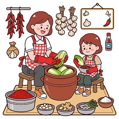 전통 문화 어린이 한식 일러스트 재료 가족 고추 엄마 주방용품 김치 함께함 마늘 요리 주방 배추 김장 김장독 김장재료 국내일러스트 AI파일 음식 생활용품 컨셉 채소 식재료 관계 사람 파일형식 벡터 오브젝트
