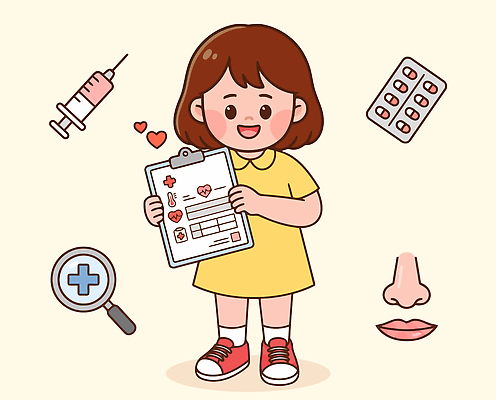 얼굴 어린이 일러스트 의학 건강 병원 주사기 치료 알약 약 정보 도구 상처 문서 확대경 예방접종 입양 체크리스트 국내일러스트 AI파일 의료기기 사람 신체부위 접종 파일형식 벡터